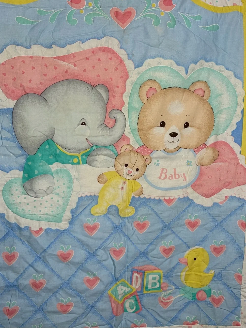 Vtg Pastel Baby Quilt Bears Duck Blocks Elephant Blanket 33X42